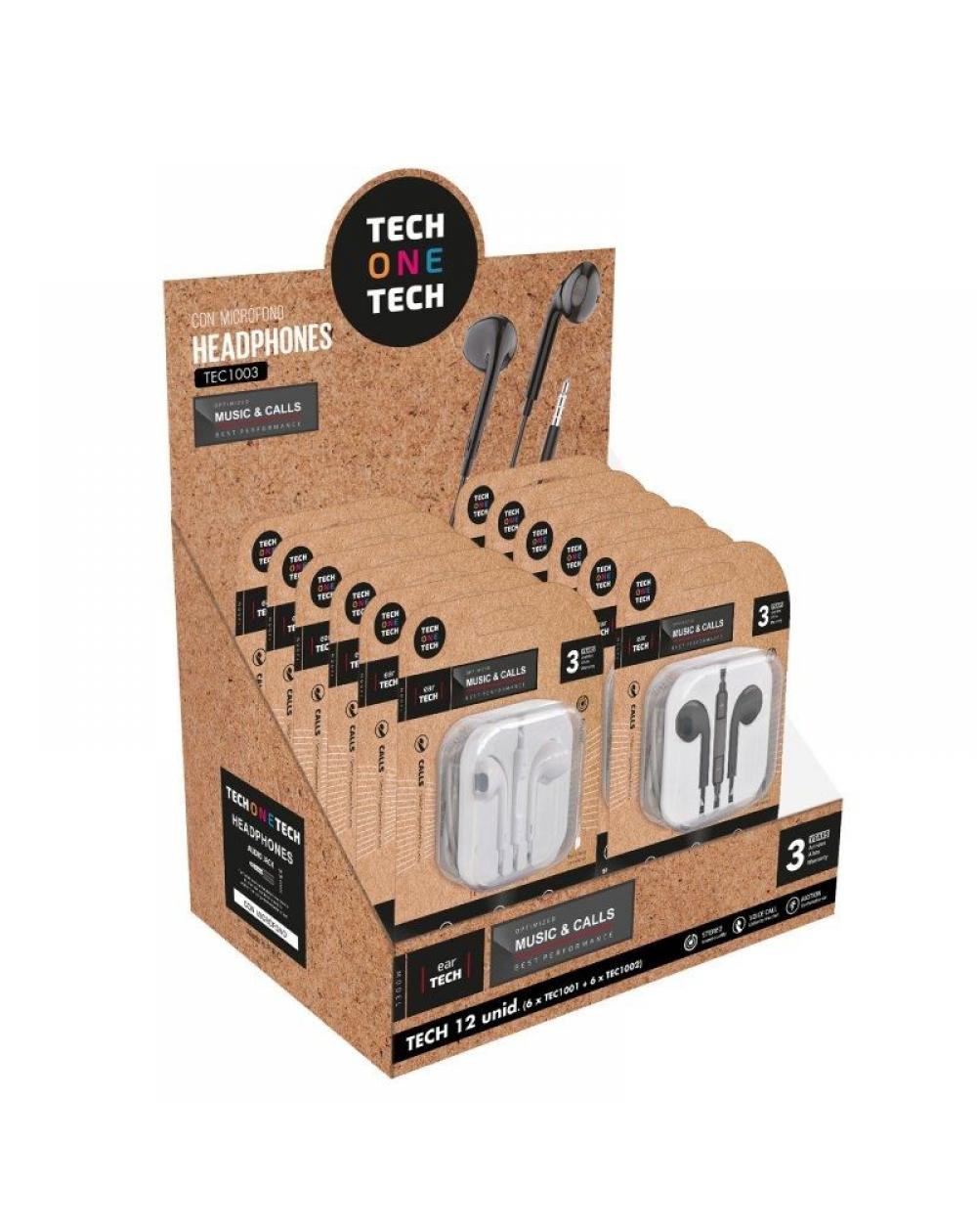 Expositor de Auriculares Tech One Tech EarTECH TEC1003 / con Micrófono/ Jack 3.5/ Incluye 6 Auriculares Blancos y 6 Auriculares 