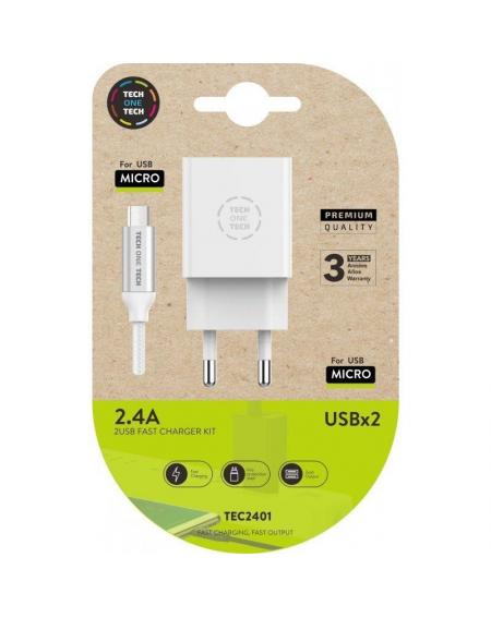 Cargador de Pared Tech One Tech TEC2401/ 2xUSB + Cable Micro USB/ 2.4A/ Blanco - Imagen 1