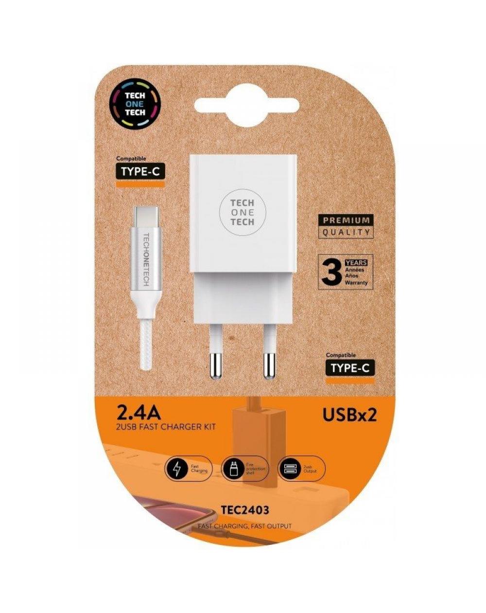 Cargador de Pared Tech One Tech TEC2403/ 2xUSB + Cable USB Tipo-C/ 2.4A/ Blanco - Imagen 1