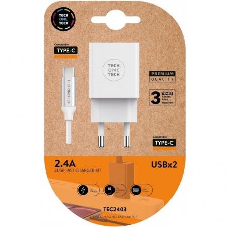 Cargador de Pared Tech One Tech TEC2403/ 2xUSB + Cable USB Tipo-C/ 2.4A/ Blanco - Imagen 1