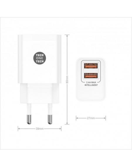 Cargador de Pared Tech One Tech TEC2403/ 2xUSB + Cable USB Tipo-C/ 2.4A/ Blanco - Imagen 2