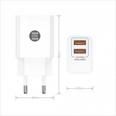 Cargador de Pared Tech One Tech TEC2403/ 2xUSB + Cable USB Tipo-C/ 2.4A/ Blanco - Imagen 2