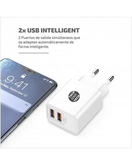 Cargador de Pared Tech One Tech TEC2403/ 2xUSB + Cable USB Tipo-C/ 2.4A/ Blanco - Imagen 4