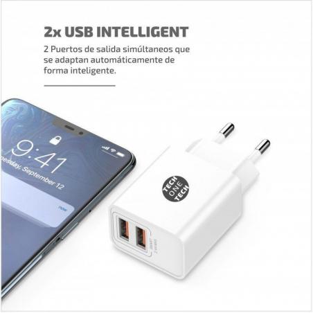 Cargador de Pared Tech One Tech TEC2403/ 2xUSB + Cable USB Tipo-C/ 2.4A/ Blanco - Imagen 4