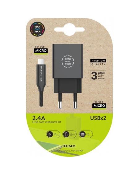 Cargador de Pared Tech One Tech TEC2421/ 2xUSB + Cable Micro USB/ 2.4A/ Negro - Imagen 1