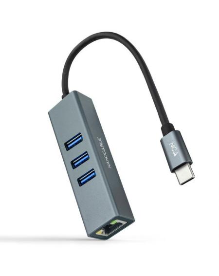 Hub USB 3.0 Tipo-C Nanocable 10.03.0408/ 3 Puertos USB/ 1 RJ45/ Gris - Imagen 1