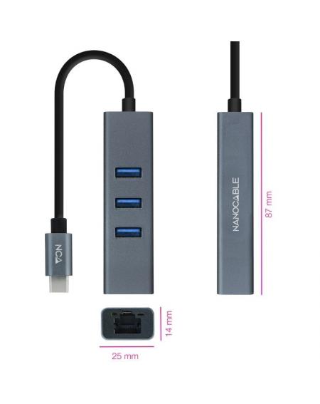 Hub USB 3.0 Tipo-C Nanocable 10.03.0408/ 3 Puertos USB/ 1 RJ45/ Gris - Imagen 2