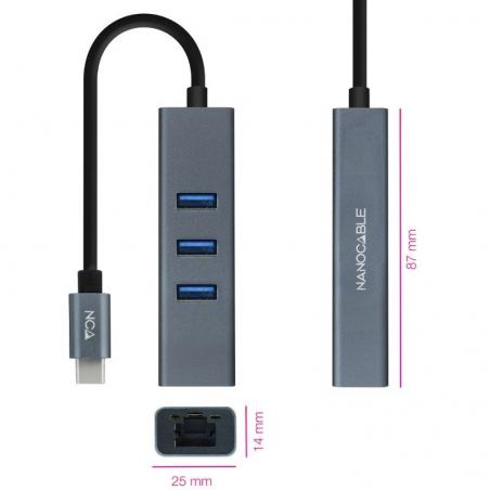 Hub USB 3.0 Tipo-C Nanocable 10.03.0408/ 3 Puertos USB/ 1 RJ45/ Gris - Imagen 2