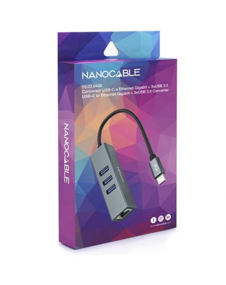 Hub USB 3.0 Tipo-C Nanocable 10.03.0408/ 3 Puertos USB/ 1 RJ45/ Gris - Imagen 3