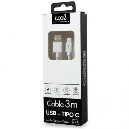 Cable USB Compatible COOL Universal TIPO-C (3 metros) Blanco 2.4 Amp - Imagen 2