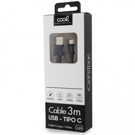 Cable USB Compatible COOL Universal TIPO-C (3 metros) Negro 2.4 Amp - Imagen 2