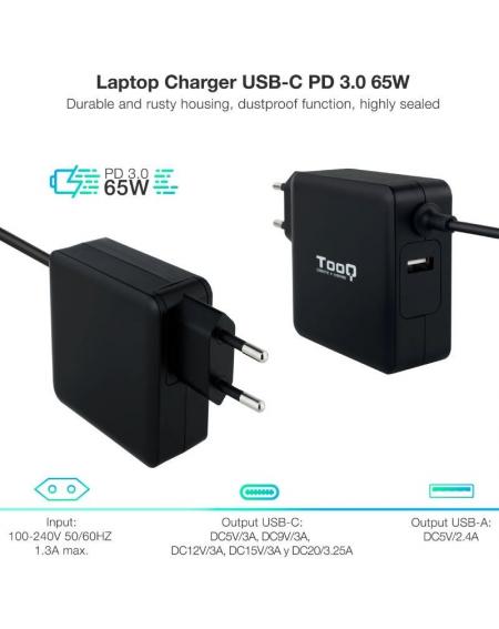 Cargador de Portátil TooQ TQLC-USBC65PD USB-C/ 65W/ Automático/ Voltaje 5-20V