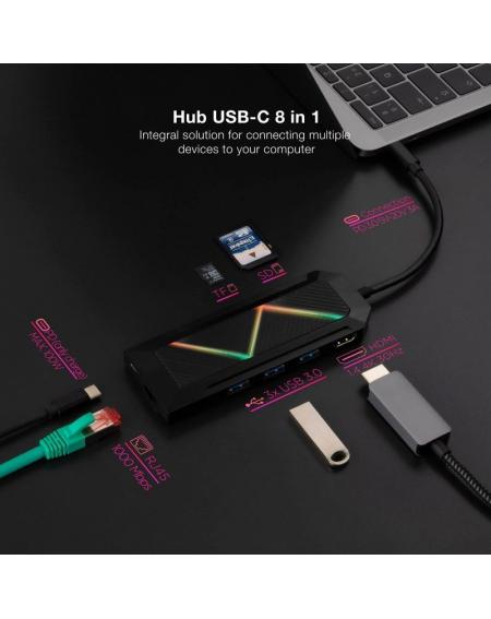 Hub USB 3.0 Nanocable 10.16.0801/ 3 Puertos USB/ 1 USB Tipo-C/ 1 HDMI/ 1 RJ45/ 1 Lector Tarjetas SD TF