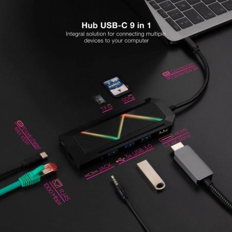 Hub USB 3.0 Nanocable 10.16.0901/ 3 Puertos USB/ 1 USB Tipo-C/ 1 HDMI/ 1 RJ45/ 1 Lector Tarjetas SD TF/ Audio