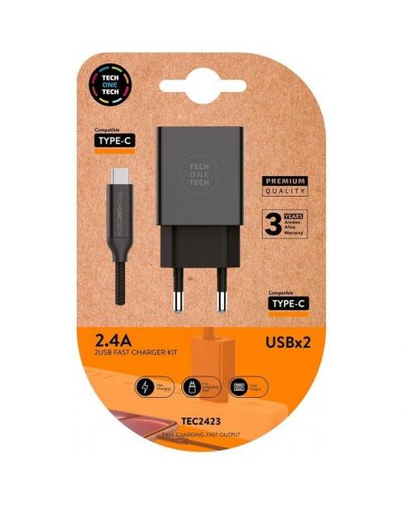 Cargador de Pared Tech One Tech TEC2423/ 2xUSB + Cable USB Tipo-C/ 2.4A/ Negro