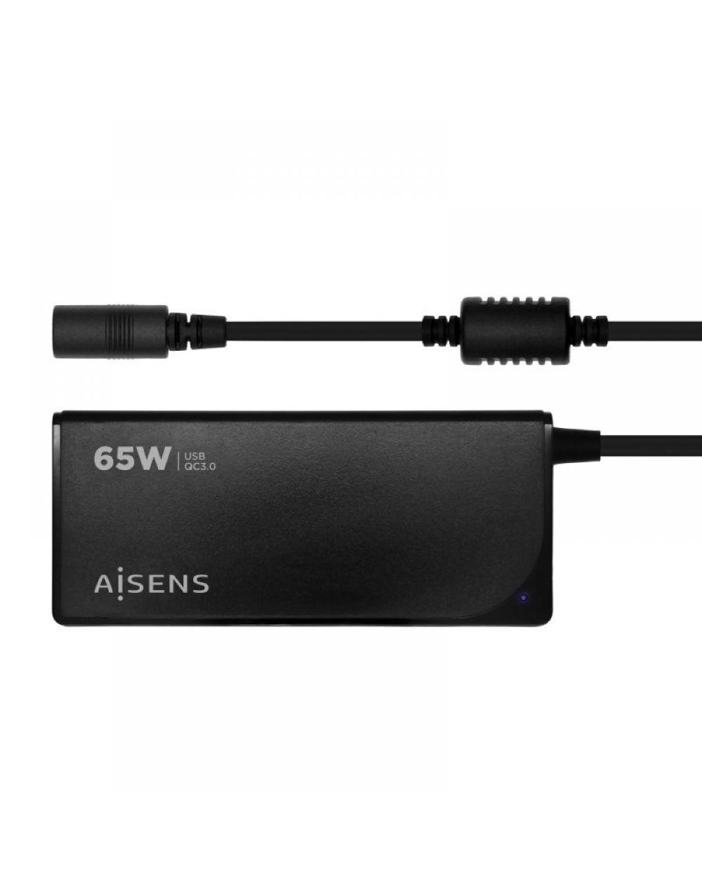 Cargador de Portátil Aisens ASLC-65WAUTO-BK/ 65W/ Automático/ 9 Conectores/ Voltaje 18.5-20V/ 1 USB QC3.0