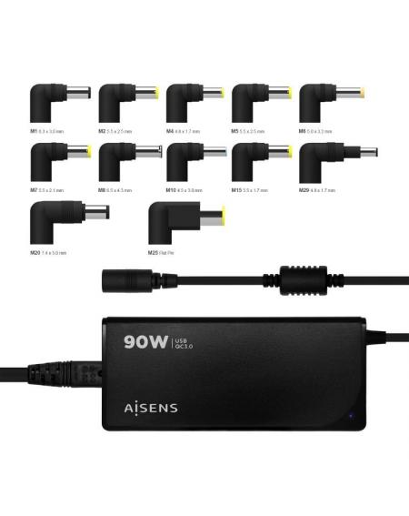 Cargador de Portátil Aisens ASLC-90WAUTO-BK/ 90W/ Automático/ 12 Conectores/ Voltaje 15-20V/ 1 USB QC3.0