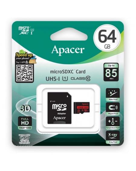 Tarjeta de Memoria Apacer 64GB XC UHS 1 con Adaptador/ Clase 10/ 85MBs
