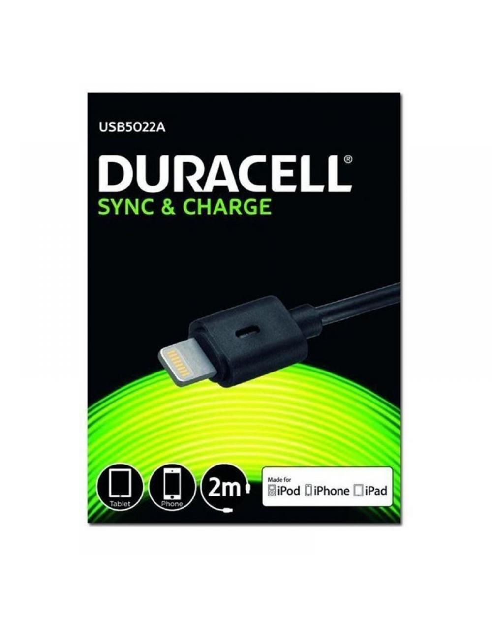 Cable USB Lightning Duracell USB5022A/ USB Macho - Lightning Macho/ 2m/ Negro - Imagen 1