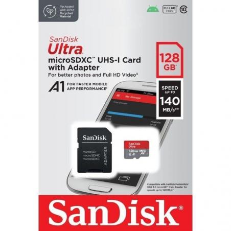 Tarjeta de Memoria SanDisk Ultra 128GB microSD XC con Adaptador/ Clase 10/ 140MBs