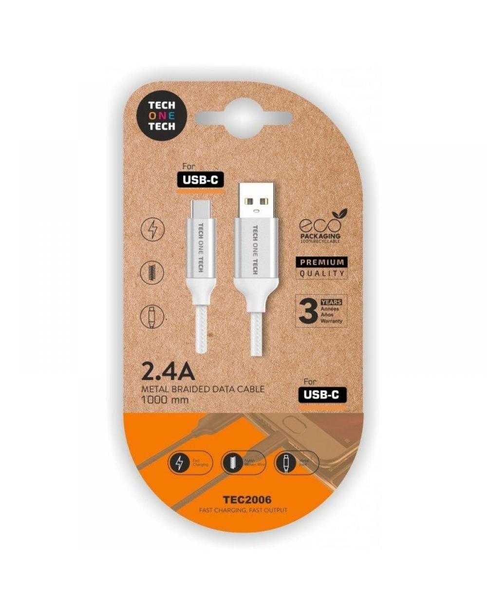 Cable USB 2.0 Tech One Tech TEC2006/ USB Tipo-C Macho - USB Macho/ 1m/ Blanco