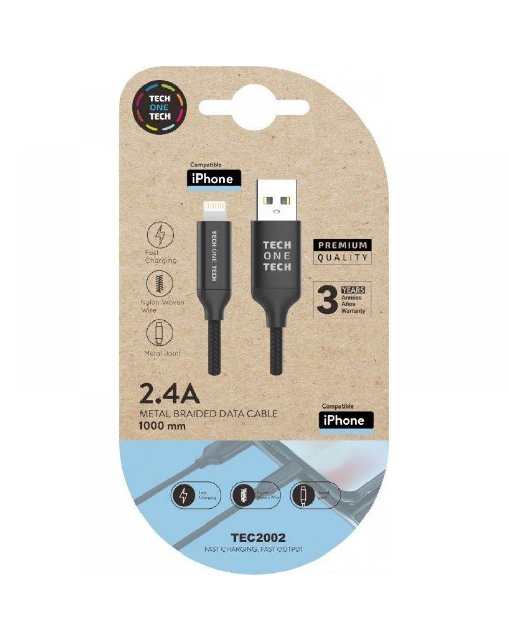 Cable USB 2.0 Tech One Tech TEC2002/ USB Macho - Lightning Macho/ 1m/ Negro - Imagen 1