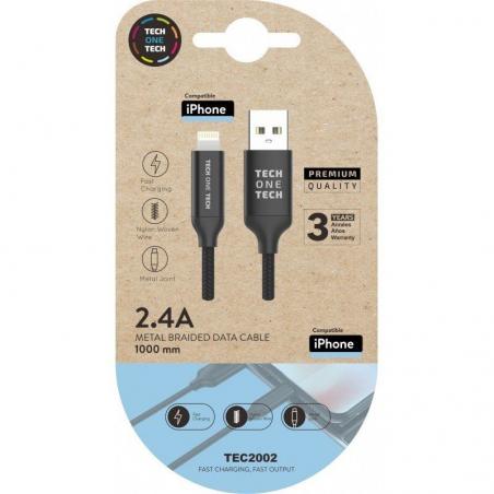 Cable USB 2.0 Tech One Tech TEC2002/ USB Macho - Lightning Macho/ 1m/ Negro - Imagen 1