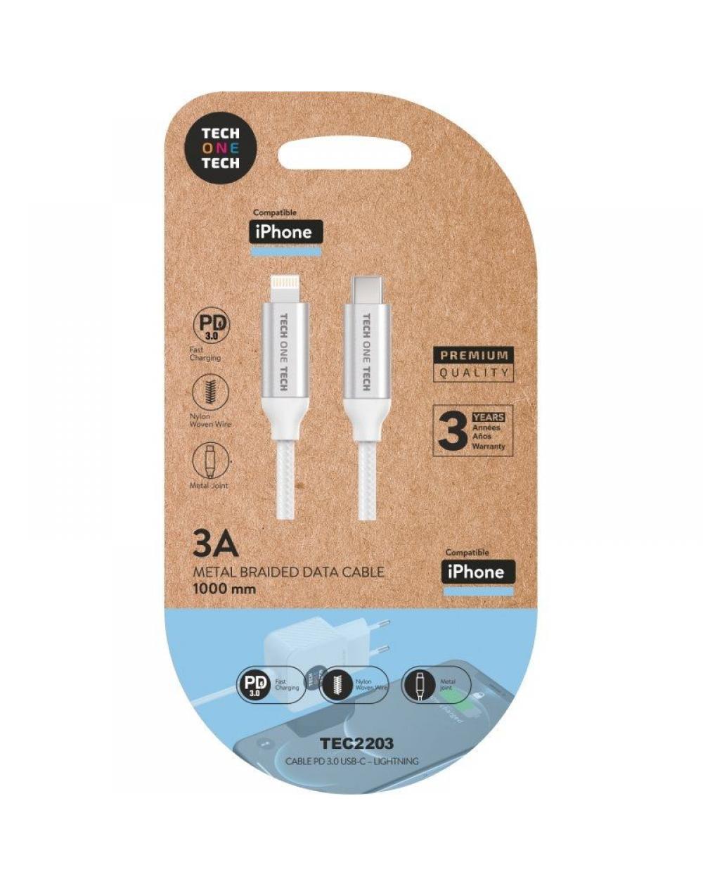 Cable Lightning Tech One Tech TEC2203/ Lightning Macho - USB Tipo-C Macho/ 1m/ Blanco - Imagen 1