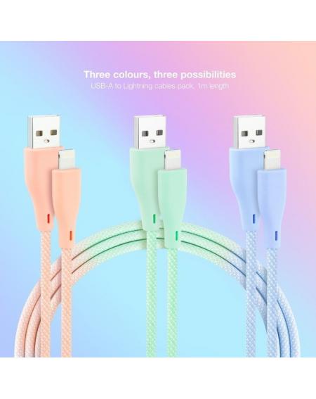 Cables USB 2.0 Lightning Nanocable 10.10.0401-CO1/ USB Macho - Lightning Macho/ 1m/ 3 Unidades/ Rosa, Azul y Verde