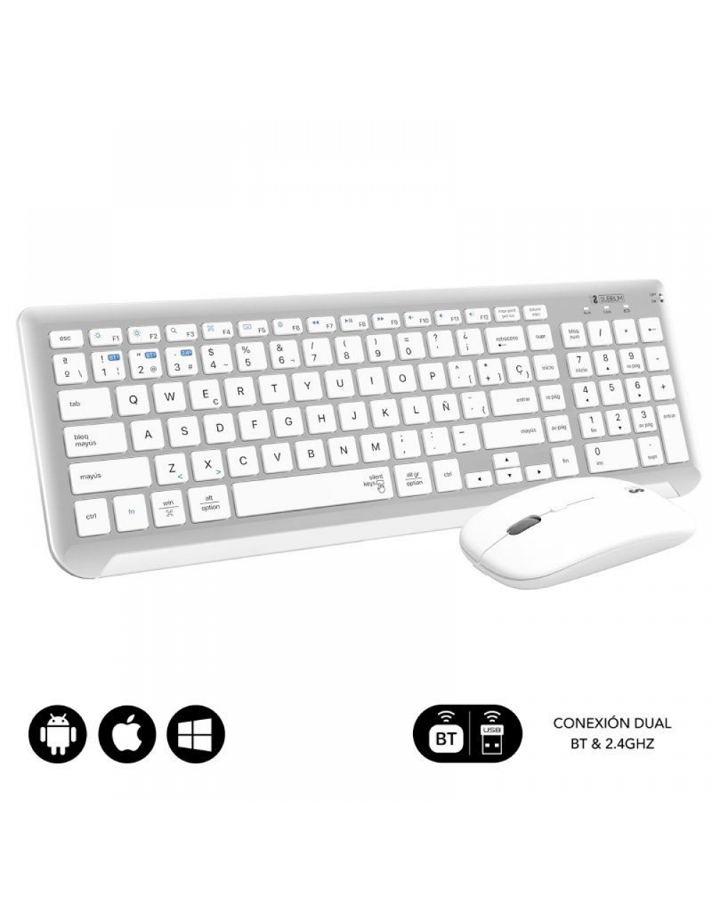 Teclado y Ratón Inalámbrico Subblim Combo Dual Prestige Extendido/ Blanco y Plata