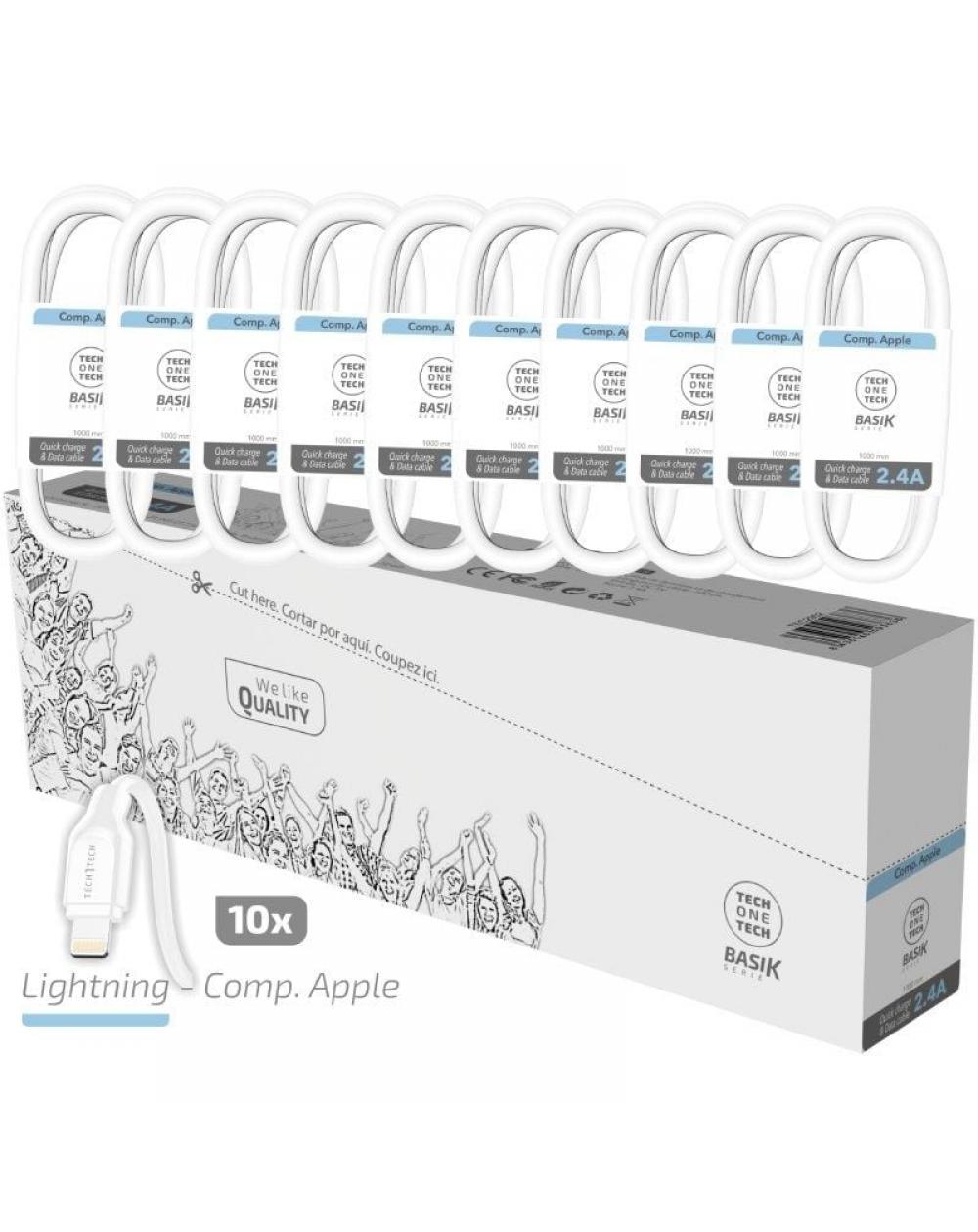 Pack 10 Cables Lightning Tech One Tech Basik TEC2952/ USB Macho - Lightning Macho/ 1m/ Blanco