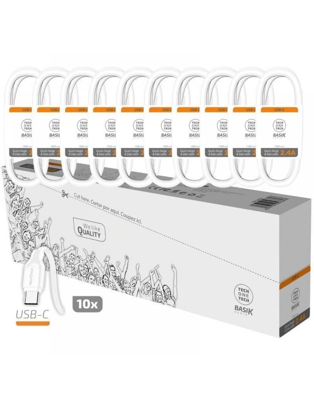 Pack 10 Cables USB 2.0 Tech One Tech Basik TEC2953/ USB Macho - USB Tipo-C Macho/ 1m/ Blanco