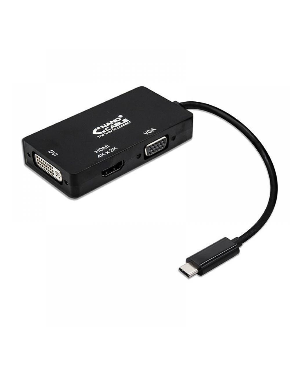 Conversor Nanocable 10.16.4301-BK/ USB Tipo-C Macho - VGA Hembra/ DVI Hembra/ HDMI Hembra/ 10cm/ Negro