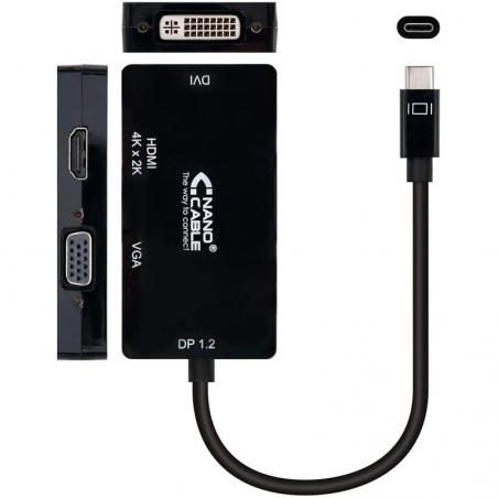 Conversor Nanocable 10.16.4301-BK/ USB Tipo-C Macho - VGA Hembra/ DVI Hembra/ HDMI Hembra/ 10cm/ Negro