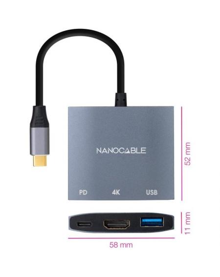 Conversor Nanocable 10.16.4306 USB Tipo-C/ HDMI 4K Hembra - USB Hembra - USB Tipo-C PD/ 15cm/ Gris