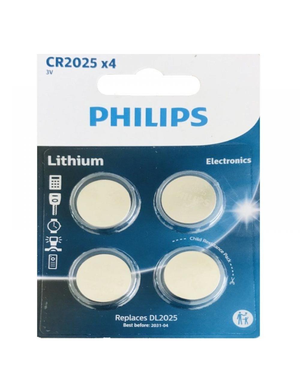 Pack de 4 Pilas de Botón Philips CR2025 Lithium/ 3V