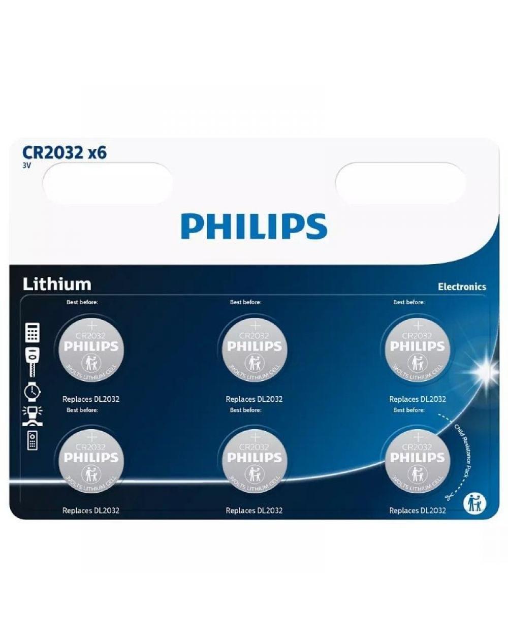 Pack de 6 Pilas de Botón Philips CR2032/ 3V