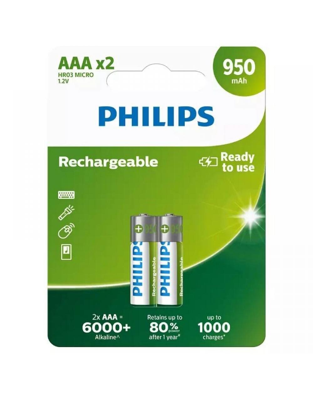 Pack de 2 Pilas AAA Philips R03B2A95/10/ 1.2V/ Recargables