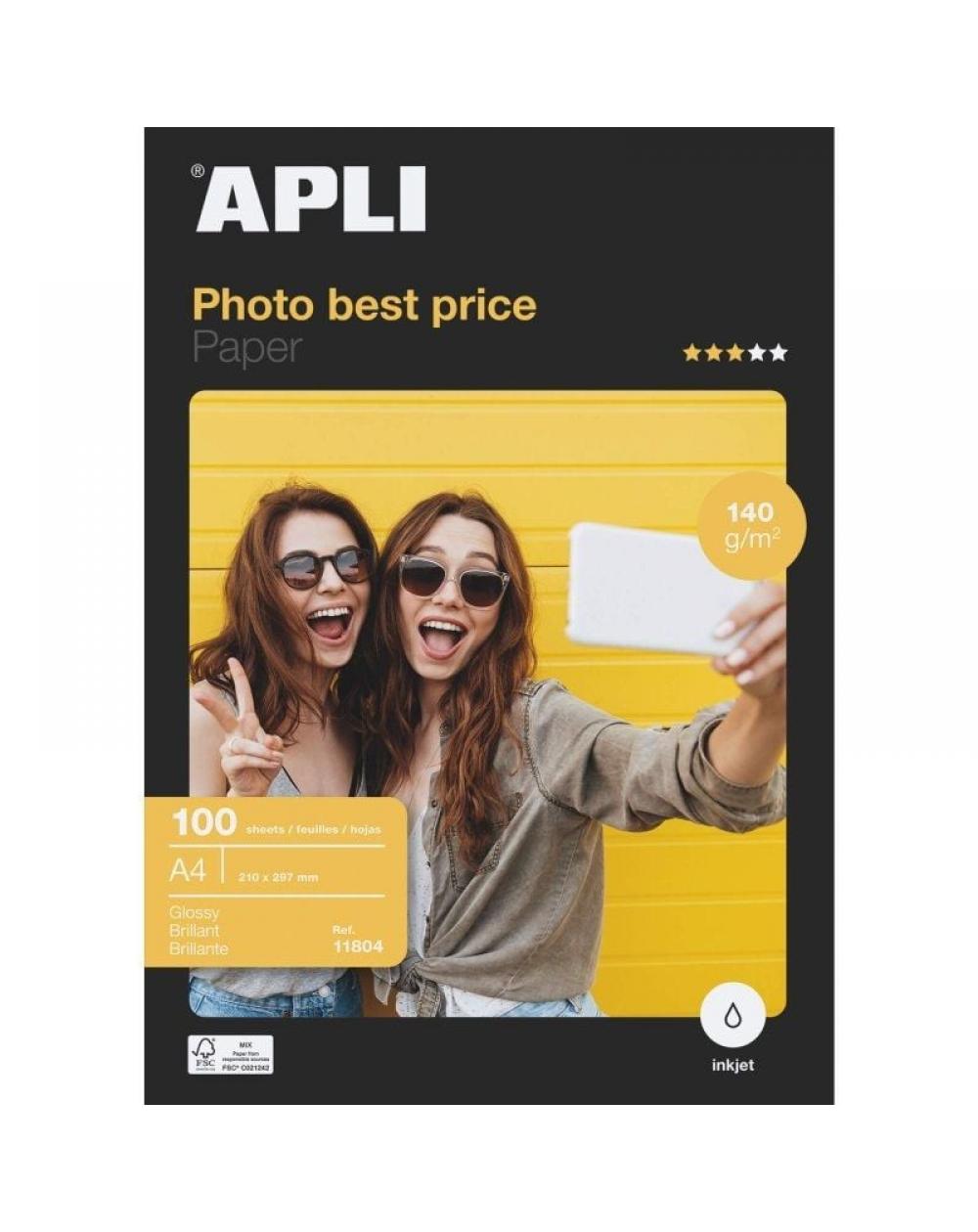 Papel Fotográfico Apli Bestprice 11804/ DIN A4/ 140g/ 100 Hojas/ Brillante