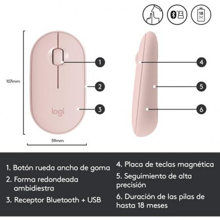 Ratón Inalámbrico por Bluetooth/ 2.4GHz Logitech Pebble M350/ Hasta 1000 DPI/ Rosa