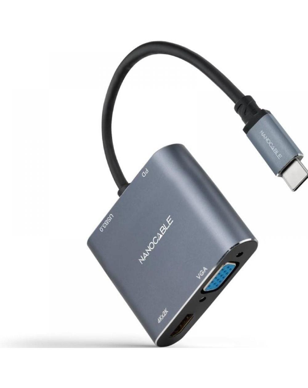 Conversor Nanocable 10.16.4304/ USB Tipo-C Macho/ HDMI 4K Hembra - VGA Hembra - USB Tipo-C PD Hembra - USB Hembra/ 15cm/ Gris