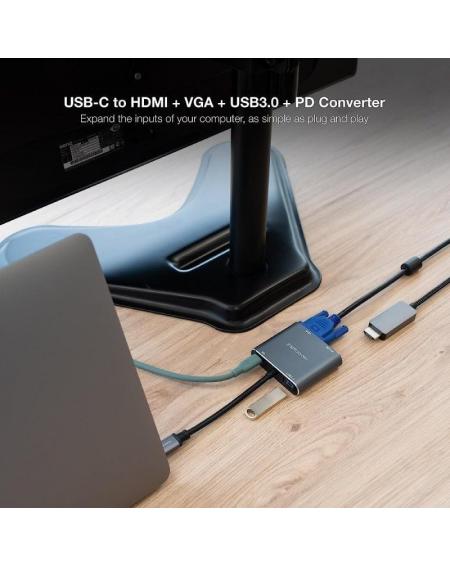 Conversor Nanocable 10.16.4304/ USB Tipo-C Macho/ HDMI 4K Hembra - VGA Hembra - USB Tipo-C PD Hembra - USB Hembra/ 15cm/ Gris