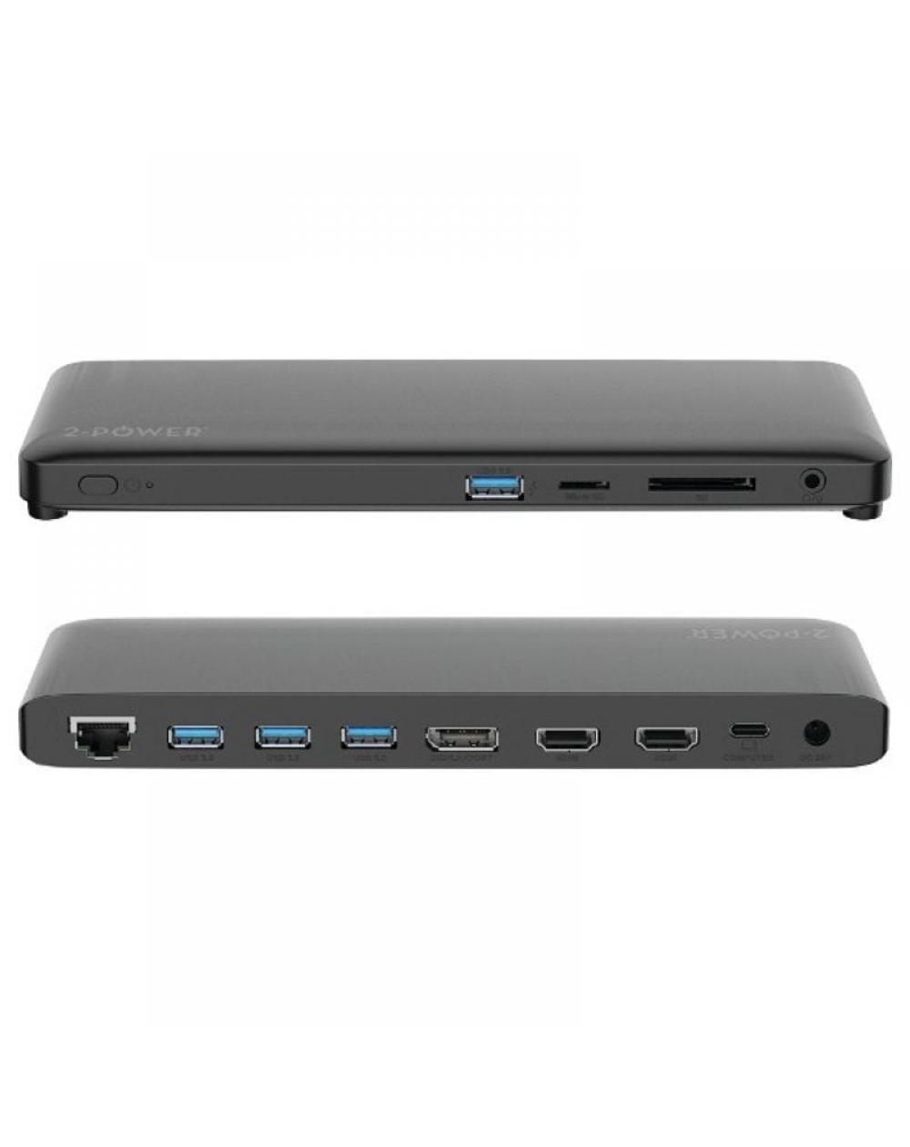 Docking USB Tipo-C 2-Power DOC0117A/ 4xUSB/ 1xUSB Tipo-C PD/ 2xHDMI/ 1xDisplayPort/ 1xJack/ 1xRJ45/ 1xLector Tarjetas SD/ Gris