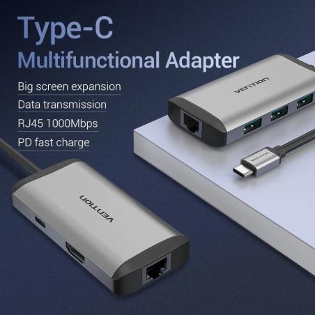 Docking USB Tipo-C Vention CNCHB/ 1xHDMI/ 3xUSB/ 1xUSB Tipo-C PD/ 1xRJ45/ Gris