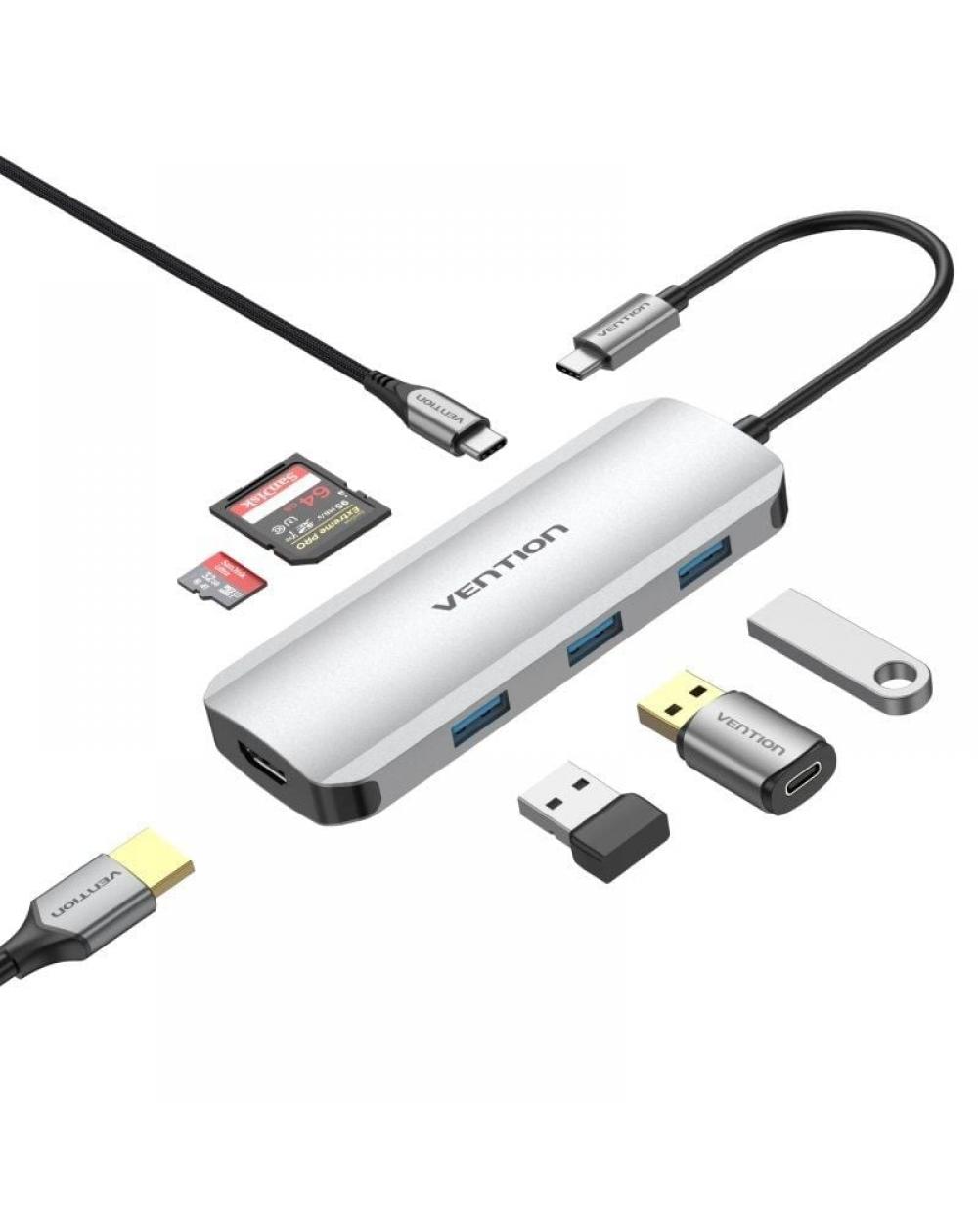 Docking USB Tipo-C Vention TOJHB/ 1xHDMI/ 3xUSB/ 1xUSB Tipo-C/ 1xLector tarjetas/ Gris