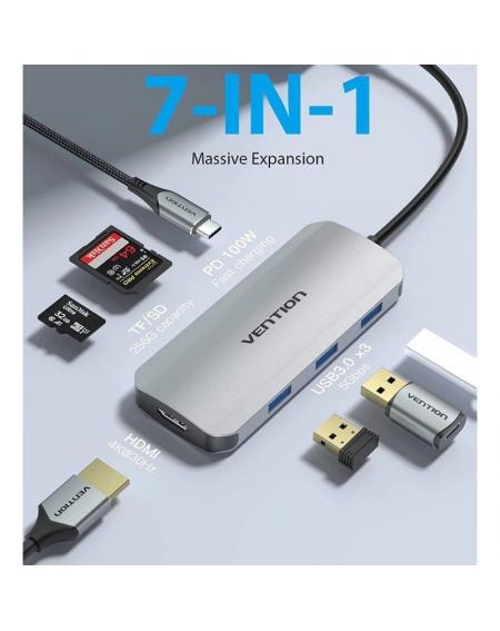 Docking USB Tipo-C Vention TOJHB/ 1xHDMI/ 3xUSB/ 1xUSB Tipo-C/ 1xLector tarjetas/ Gris