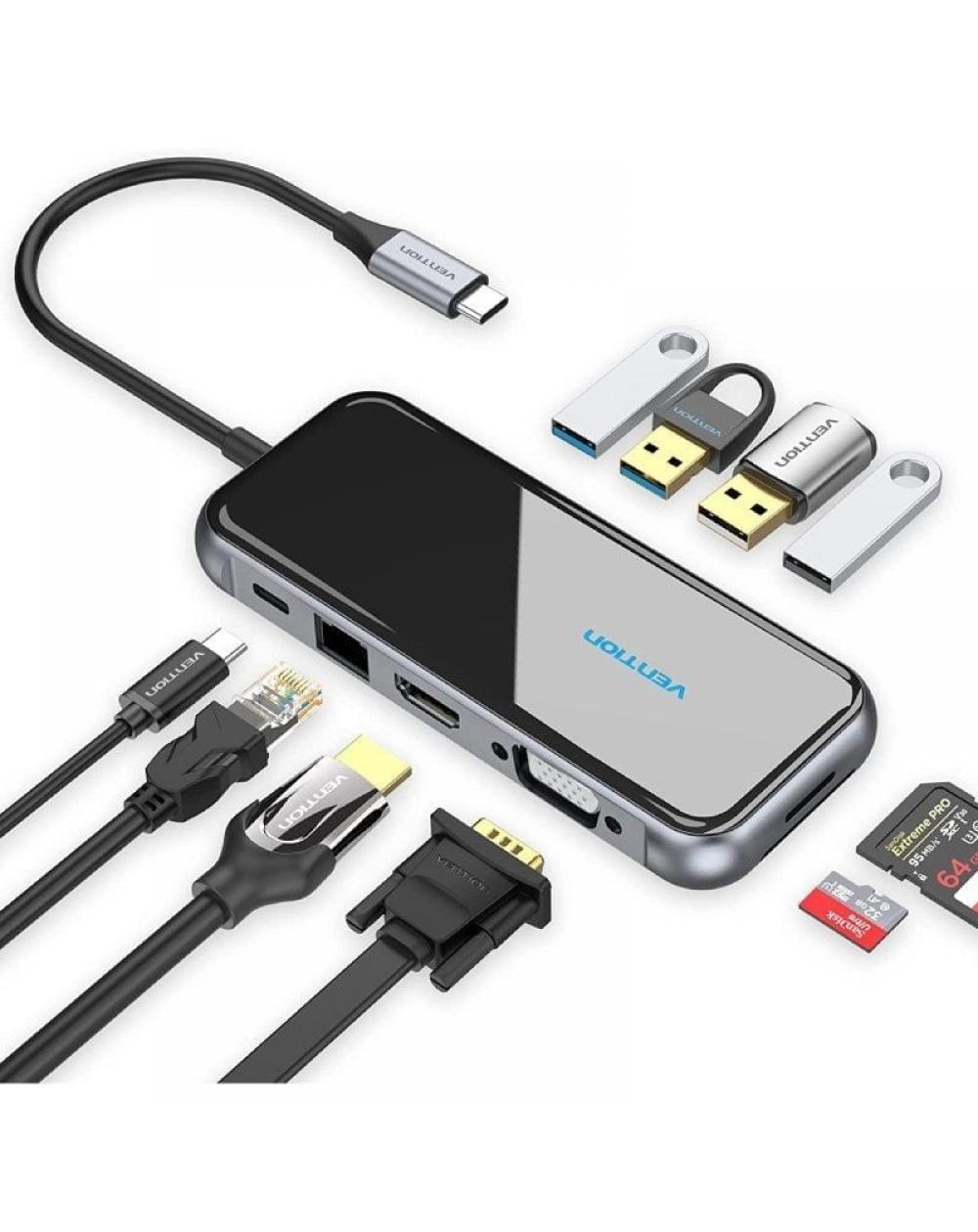 Docking USB Tipo-C Vention TFGHB/ 1xVGA/ 1xHDMI/ 4xUSB/ 1xUSB Tipo-C PD/ 1xRJ45/ 1xLector Tarjetas SD/ Gris