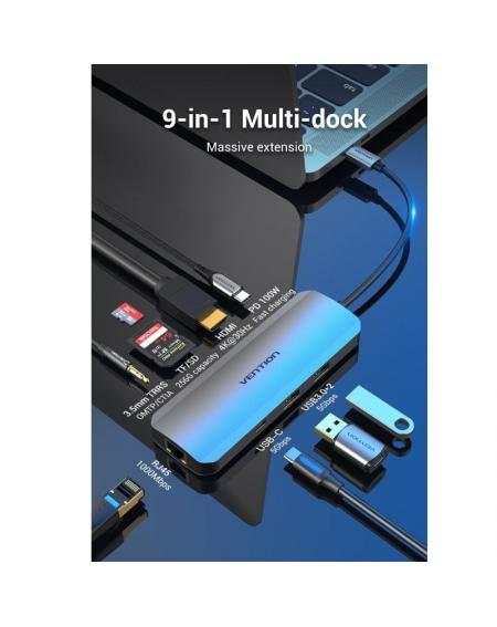 Docking USB Tipo-C Vention TOMHB/ 1xHDMI/ 2xUSB/ 1xUSB Tipo-C/ 1xUSB Tipo-C PD/ 1xRJ45/ 1xLector Tarjetas SD y MicroSD/ Jack 3.5