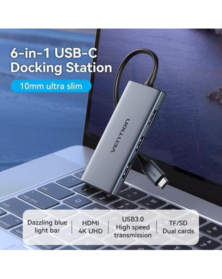 Docking USB Tipo-C Vention TOOHB/ 1xHDMI/ 3xUSB/ 1xLector Tarjetas SD y MicroSD/ Gris