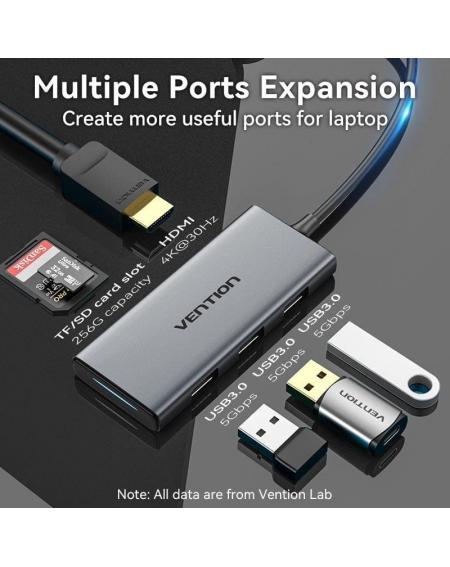 Docking USB Tipo-C Vention TOOHB/ 1xHDMI/ 3xUSB/ 1xLector Tarjetas SD y MicroSD/ Gris